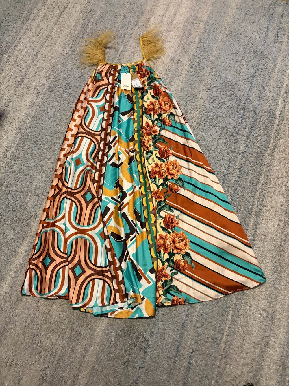 ⁠DIXIE Italy NWT Abstract Floral Satin Maxi Dress with Feather Straps Size M⁠